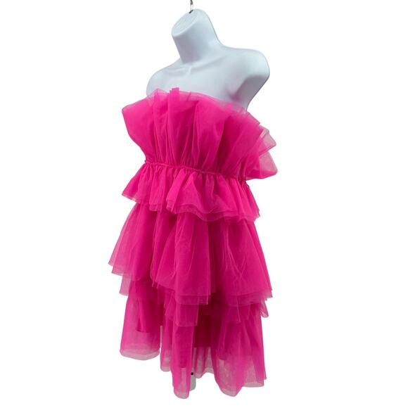 Thirty Thirty Strapless Ruffle Tulle Mini Dress WMNS L Hot Pink Tiered Slim Fit - Picture 4 of 11